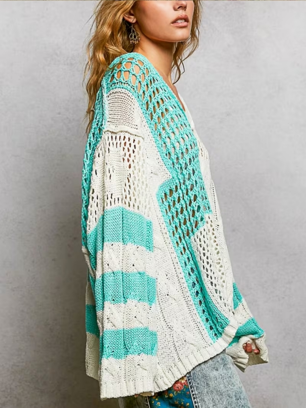 NS75. POL Women's Boho Crochetì V-Neck Sweater in White and Mint - Picture 3 of 4